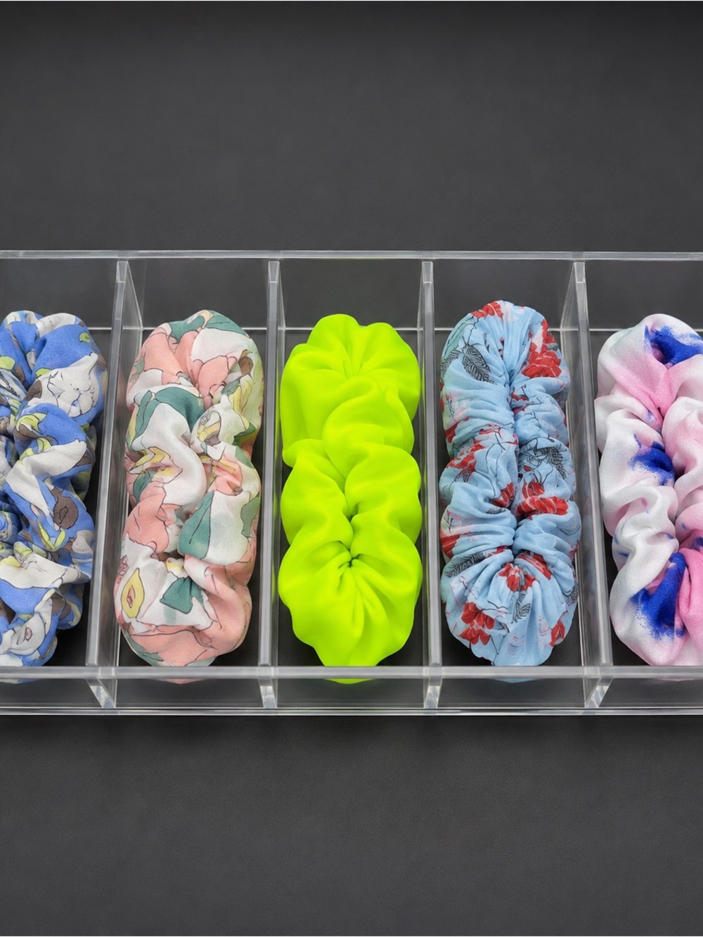 Lot of 5 Aesthetic Hair Scrunchies Set Tie Dye, Floral, Neon Yellow, Blue Pink